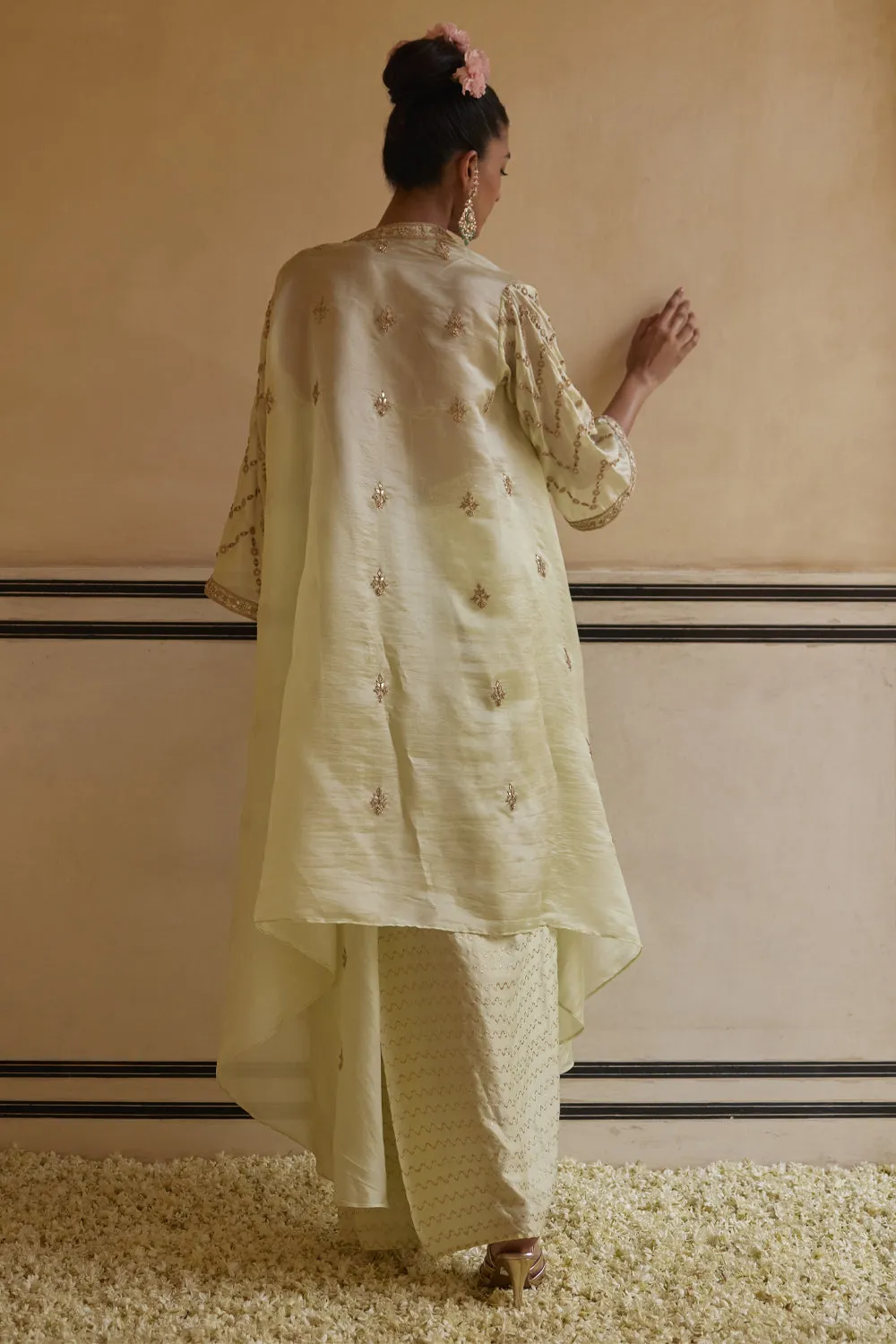Mint Drape Skirt Paired With Cowl Top & Cape