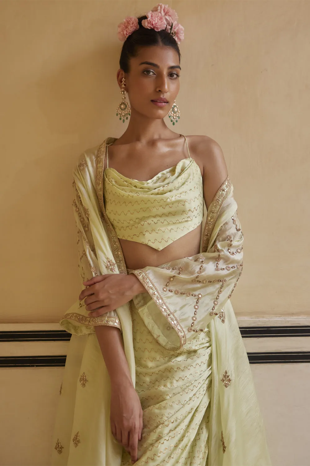 Mint Drape Skirt Paired With Cowl Top & Cape