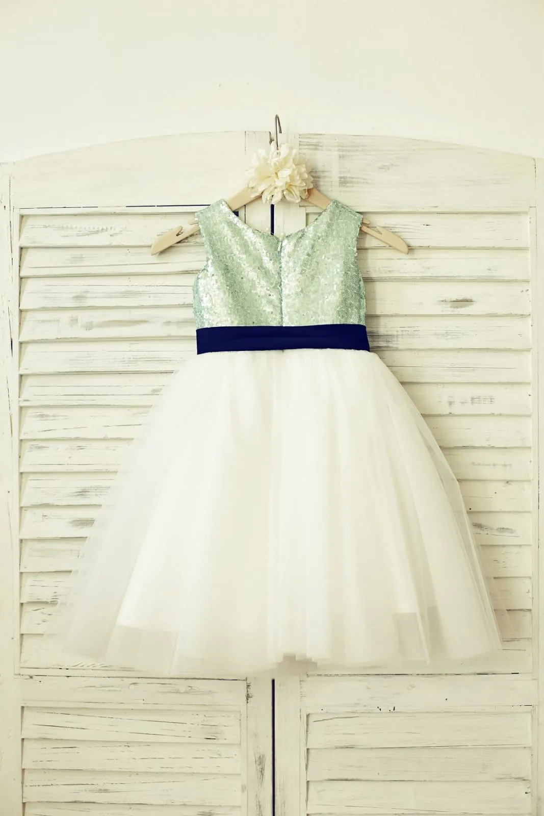 Mint\Pink/Navy/Gold/Royal Sequin Ivory Tulle Flower Girl Dress, Sash