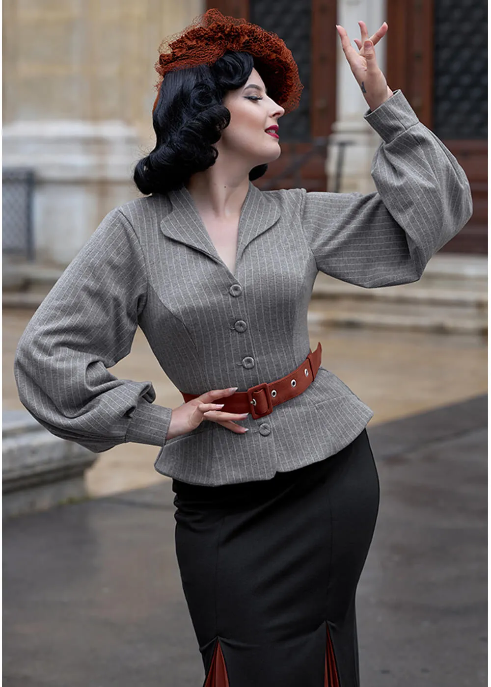 Miss Candyfloss Fallin Abalone Stripe 50's Pencil Dress Grey Black