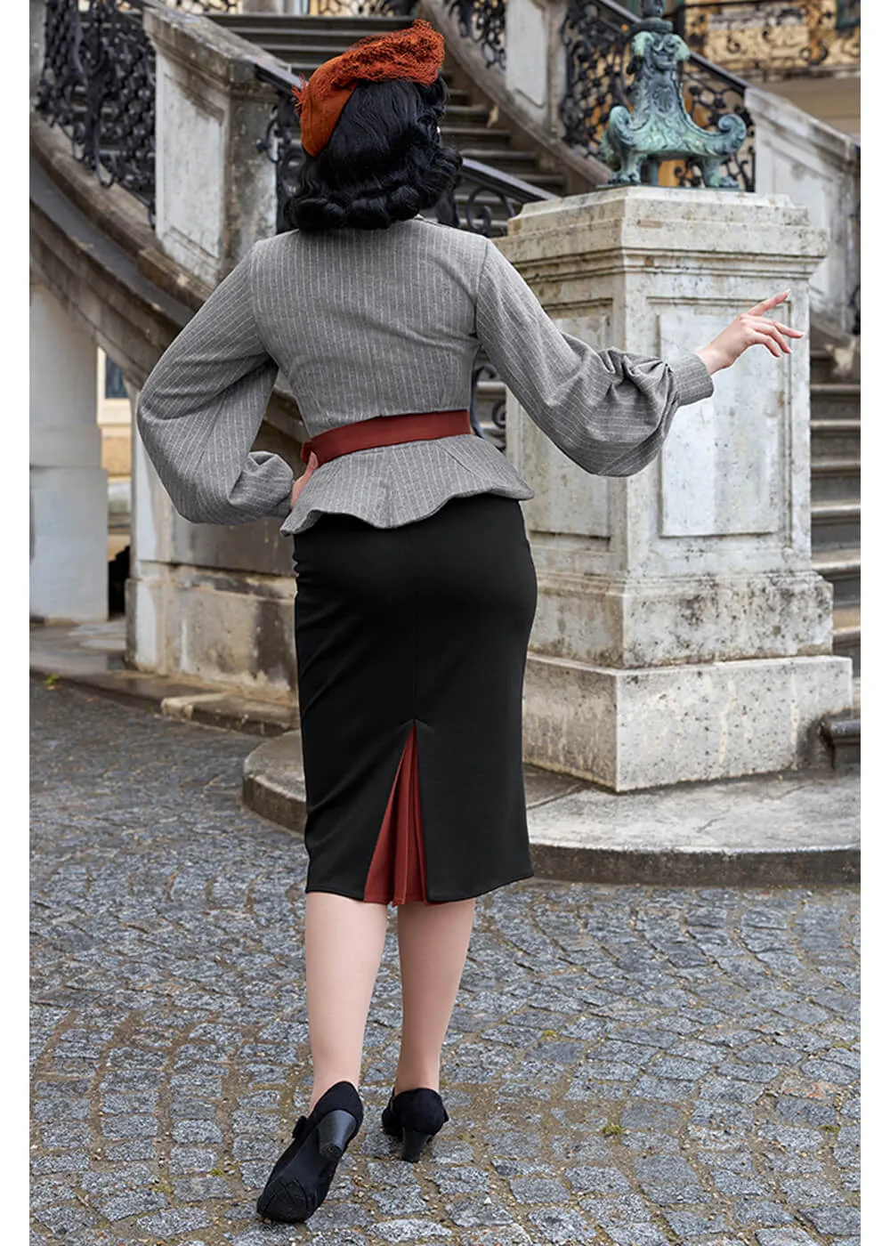 Miss Candyfloss Fallin Abalone Stripe 50's Pencil Dress Grey Black