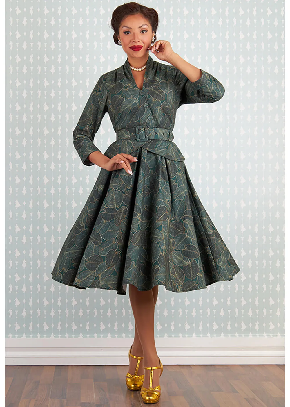 Miss Candyfloss Rebekah Gia Goldleaf 50's Swing Dress Green