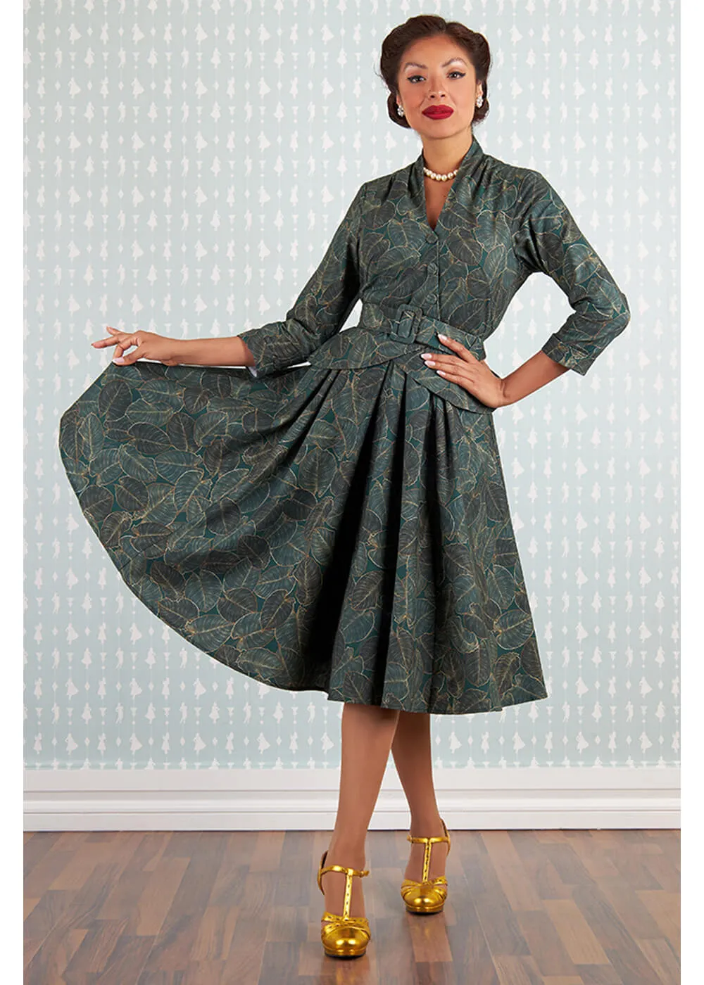 Miss Candyfloss Rebekah Gia Goldleaf 50's Swing Dress Green