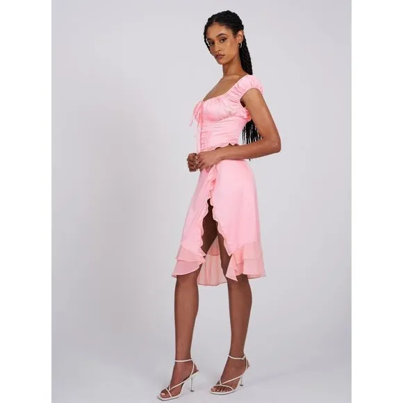 Miss Circle Sarah Pink Satin Ruffled Midi Skirt
