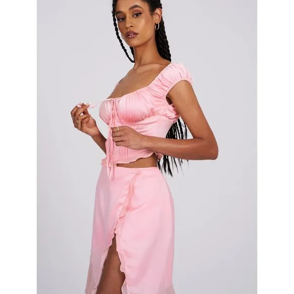 Miss Circle Sarah Pink Satin Ruffled Midi Skirt