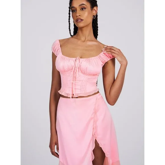 Miss Circle Sarah Pink Satin Ruffled Midi Skirt