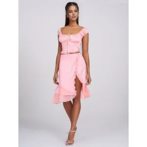 Miss Circle Sarah Pink Satin Ruffled Midi Skirt