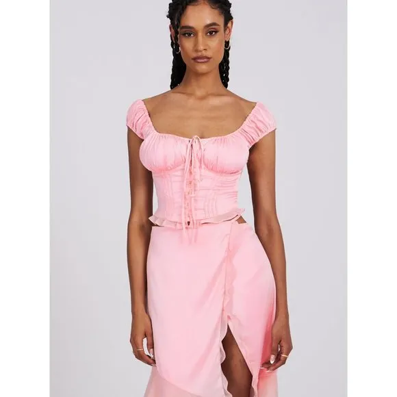 Miss Circle Sarah Pink Satin Ruffled Midi Skirt