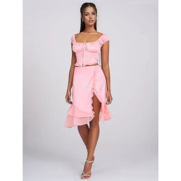 Miss Circle Sarah Pink Satin Ruffled Midi Skirt