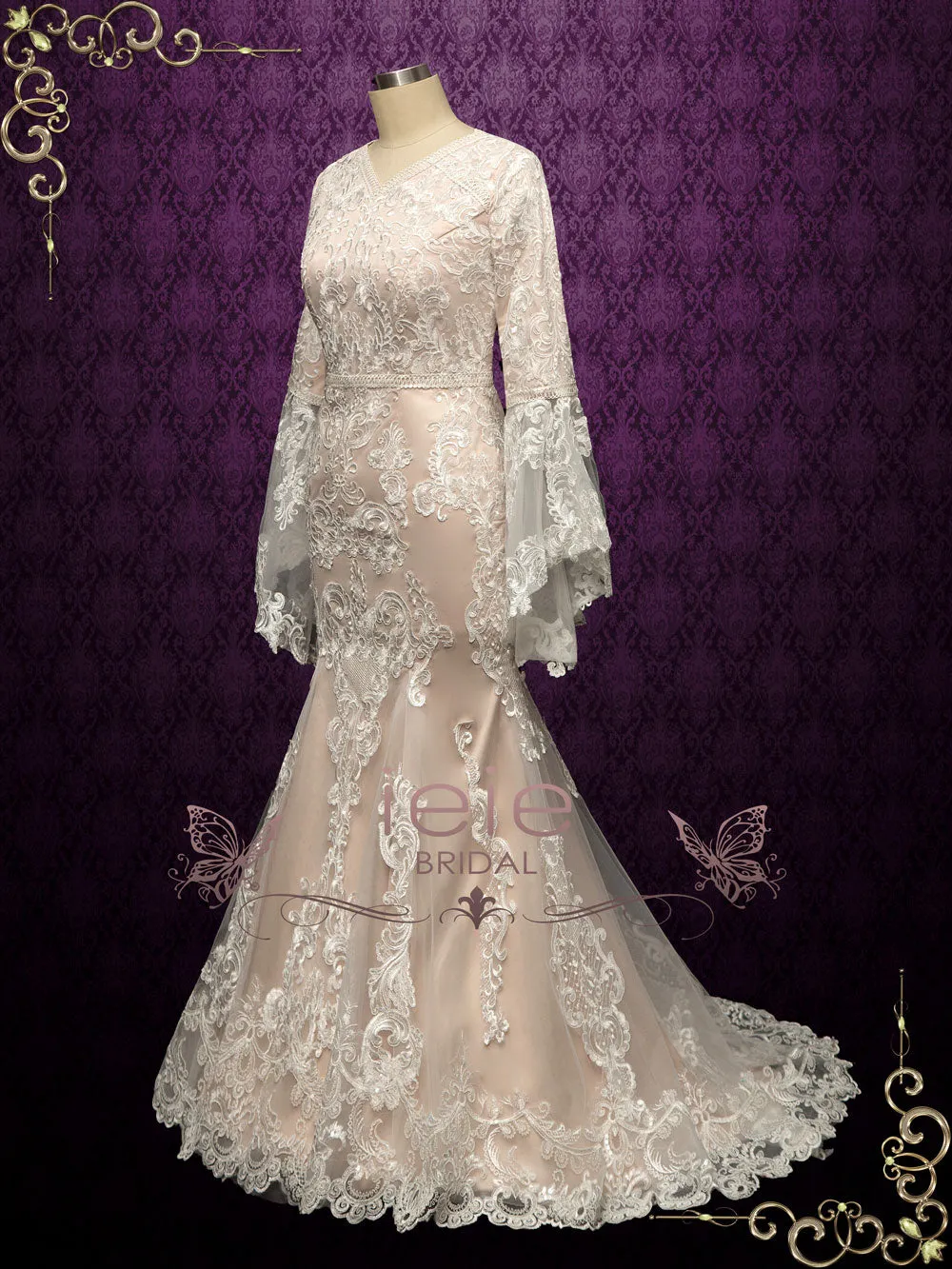 Modest Champagne Lace Wedding Dress KATELL