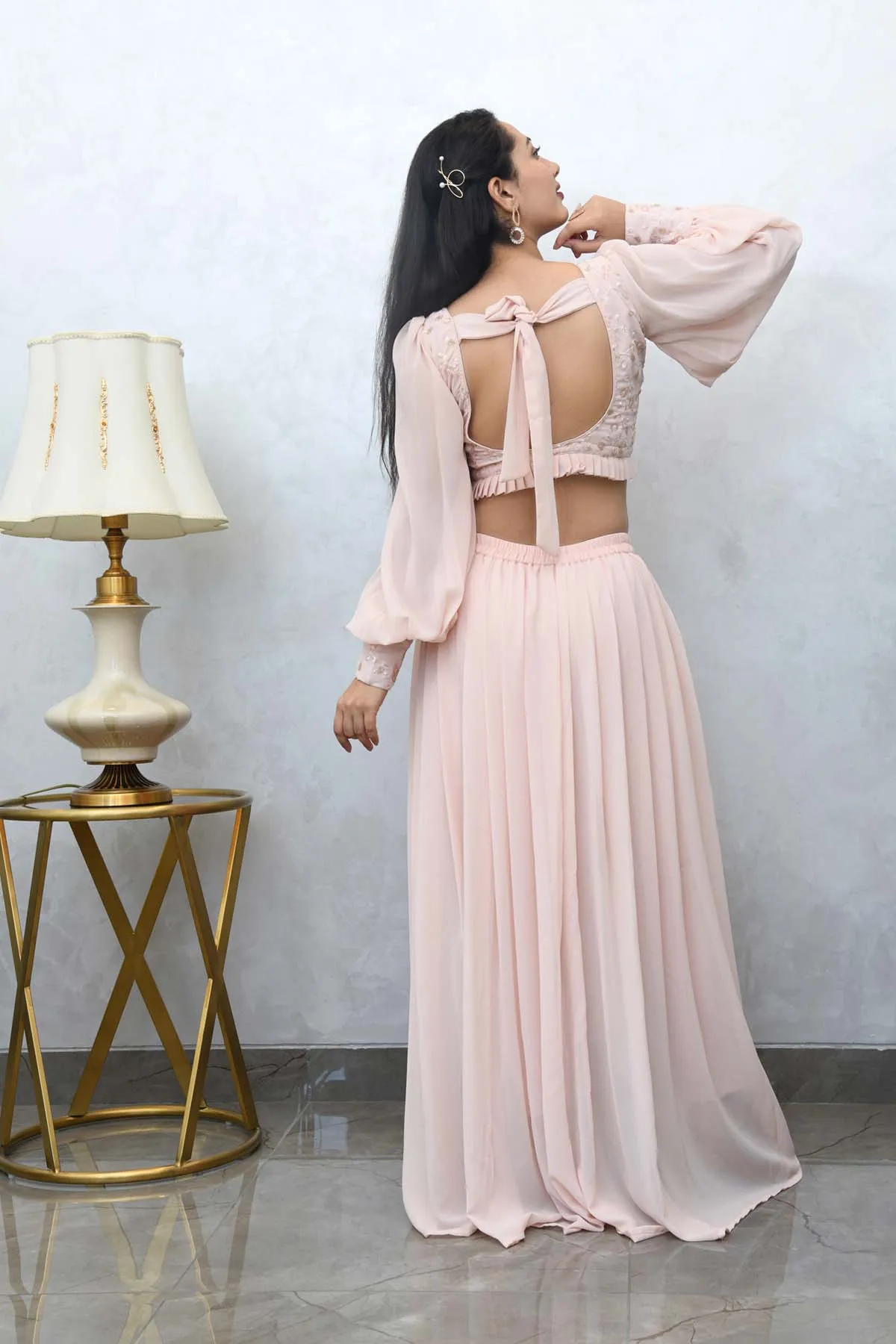 MULMUL BLUSH PINK CROP TOP WITH COWL PANTS