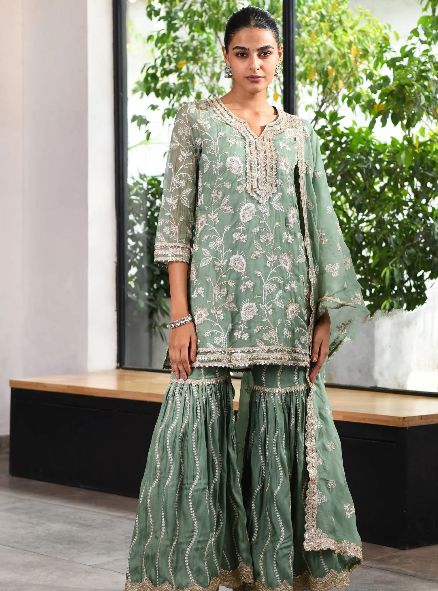 Mulmul Organza Evolet Green Kurta With Mulmul Silk Evolet Green Garara