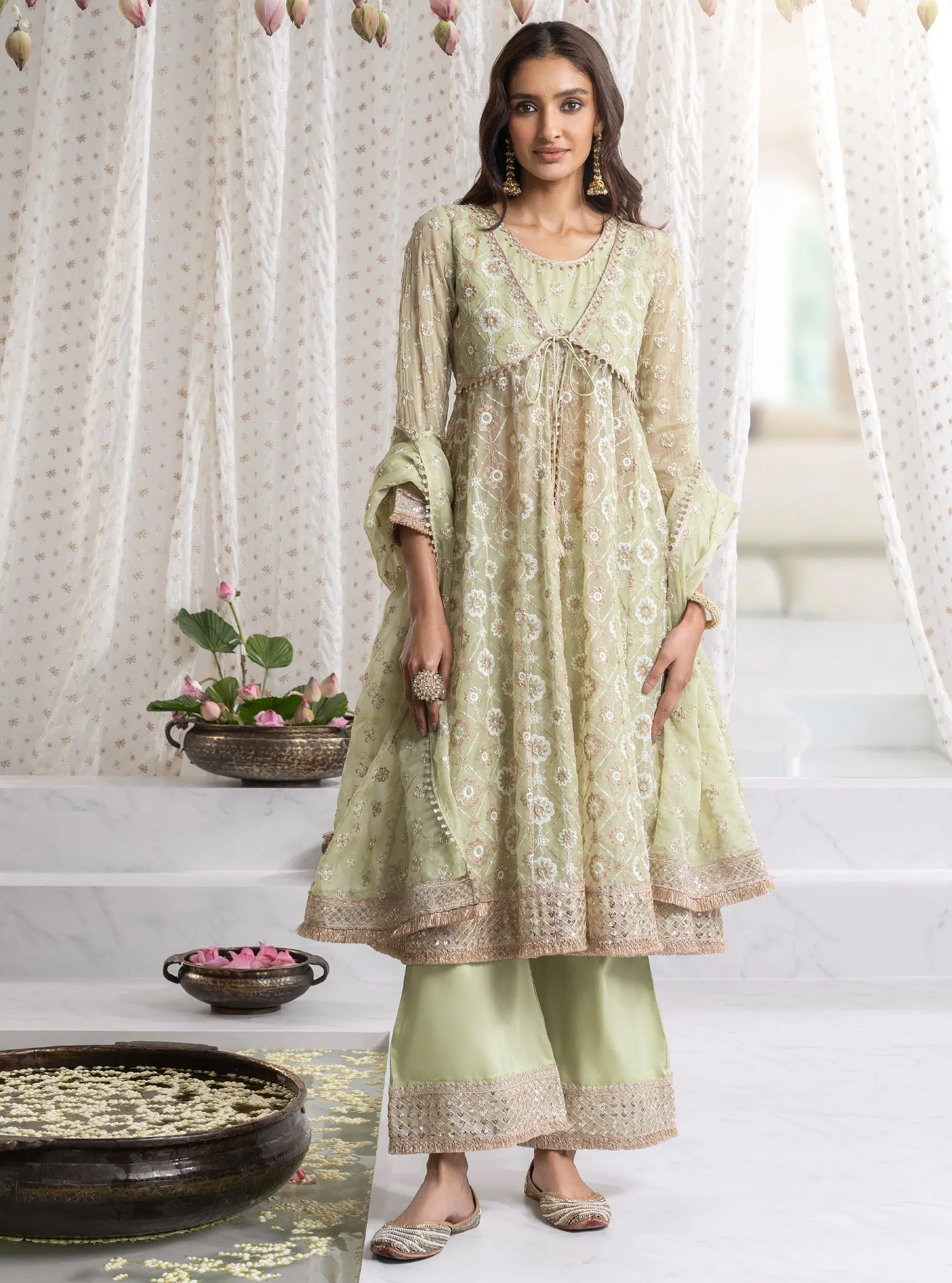 Mulmul Organza Ghoomar Anarkali Green Kurta With Mulmul Pima Ghoomar Green Pant