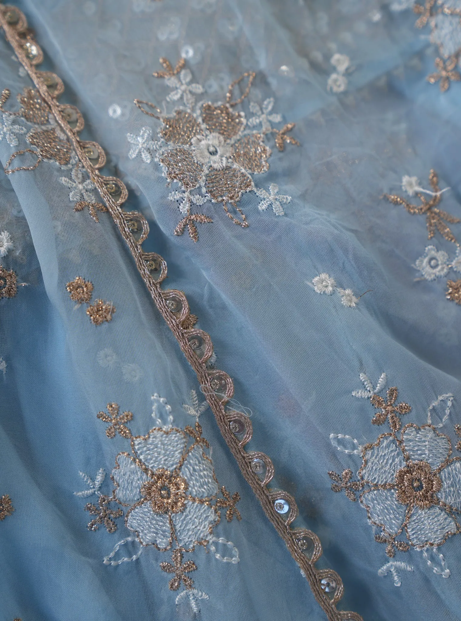 Mulmul Organza Kesariya Anarkali Blue Kurta With Mulmul Pima Kesariya Blue Pant