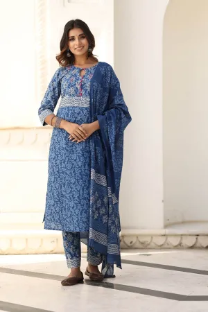 MULMUL YAHVI BLUE BLOCK PRINTED KURTA-PANTS & DUPATTA SET
