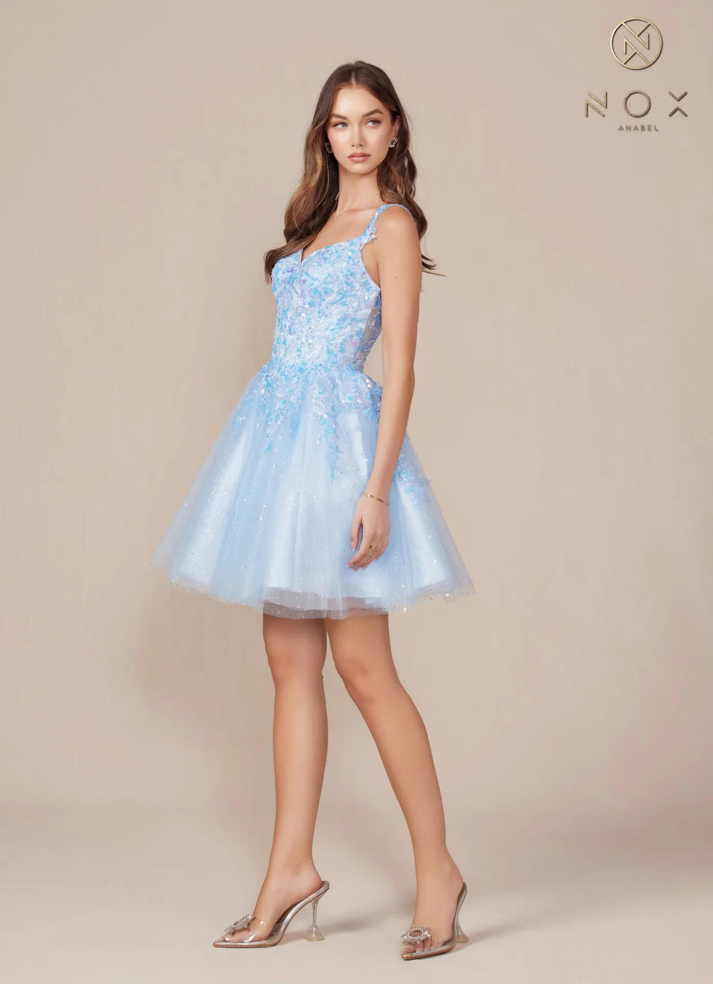 N H846 - Sequin Lace Embellished A-Line Homecoming Dress with Sheer Bodice & Layered Glittery Tulle Skirt
