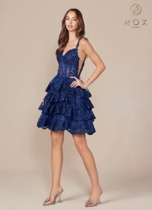 N R880 - Sequin Lace Embellished A-Line Homecoming Dress with Sheer Boned Bodice & Layered Tiered Skirt