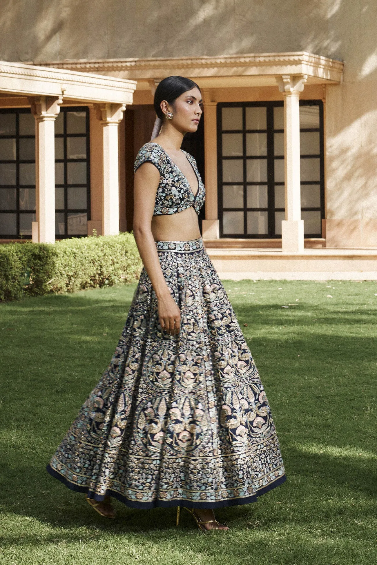 Nadisa Zardozi & Resham Silk Skirt Set - Navy Blue