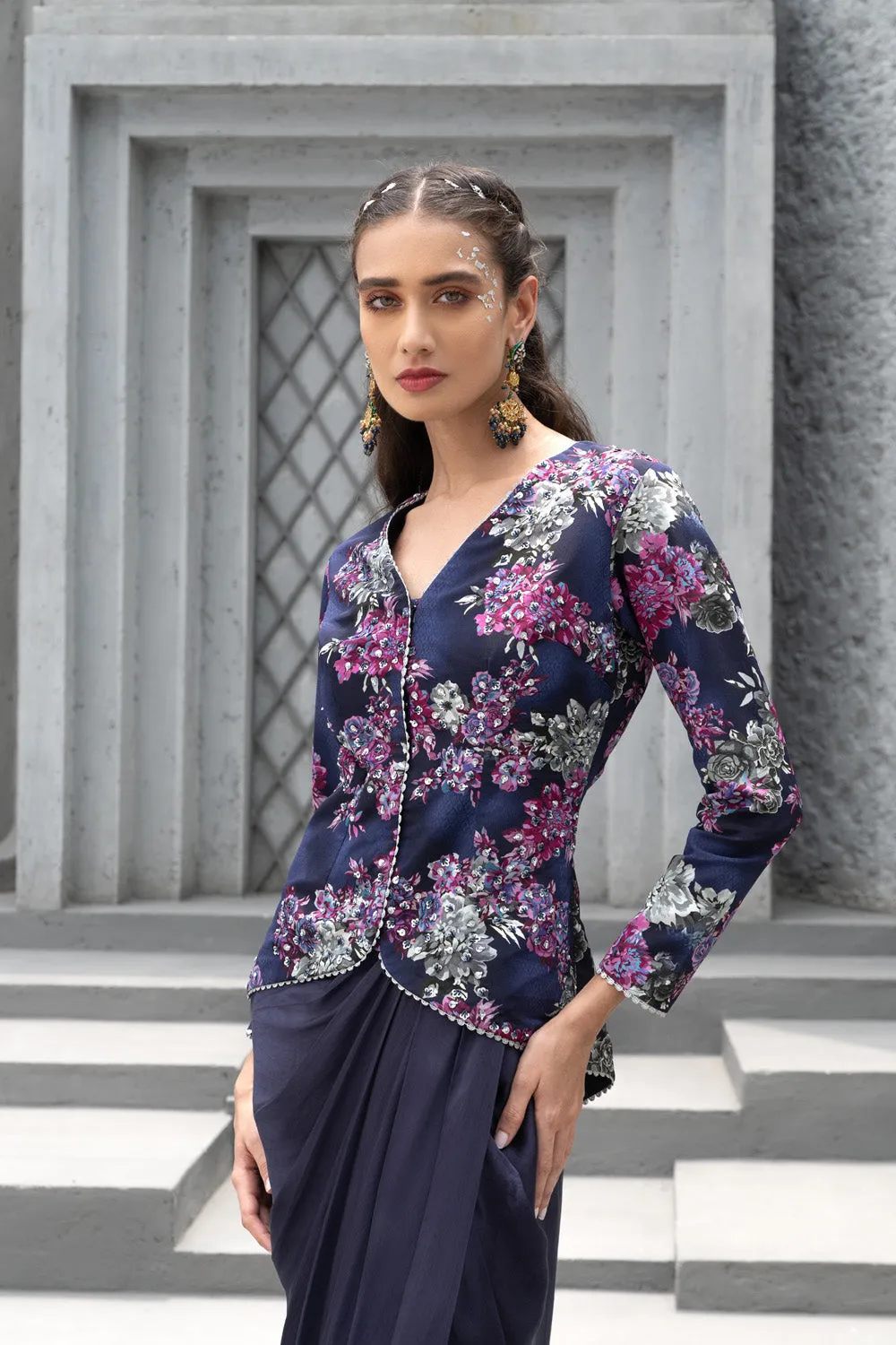Navy Blue Printed Jacket And Draped Skirt