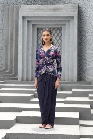 Navy Blue Printed Jacket And Draped Skirt