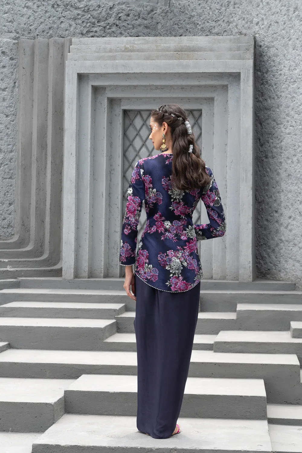 Navy Blue Printed Jacket And Draped Skirt