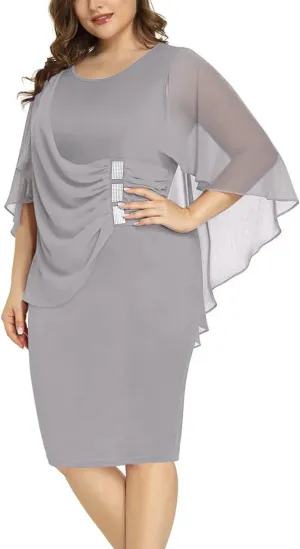 NEW LALAGEN Womens Chiffon Plus Size Ruffle Flattering Cape Sleeve Bodycon Party Pencil Dress Grey, Sz 2XL Fits True