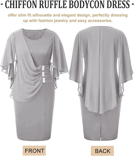 NEW LALAGEN Womens Chiffon Plus Size Ruffle Flattering Cape Sleeve Bodycon Party Pencil Dress Grey, Sz 2XL Fits True