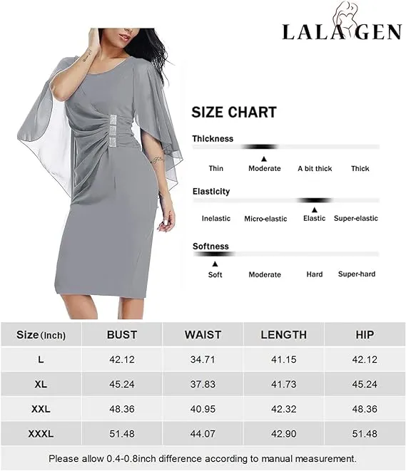 NEW LALAGEN Womens Chiffon Plus Size Ruffle Flattering Cape Sleeve Bodycon Party Pencil Dress Grey, Sz 2XL Fits True