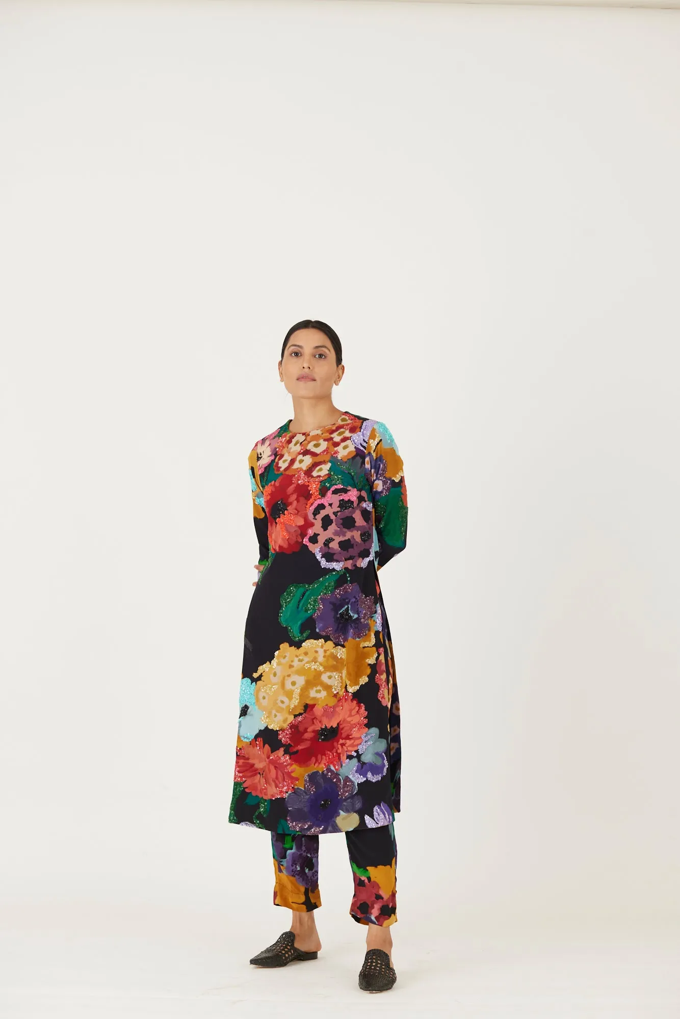New Season Fall 24/Summer 25-Coord Set-Crepe-Embroidered-Farah Black-YAMLS03-Fashion Edit Yam