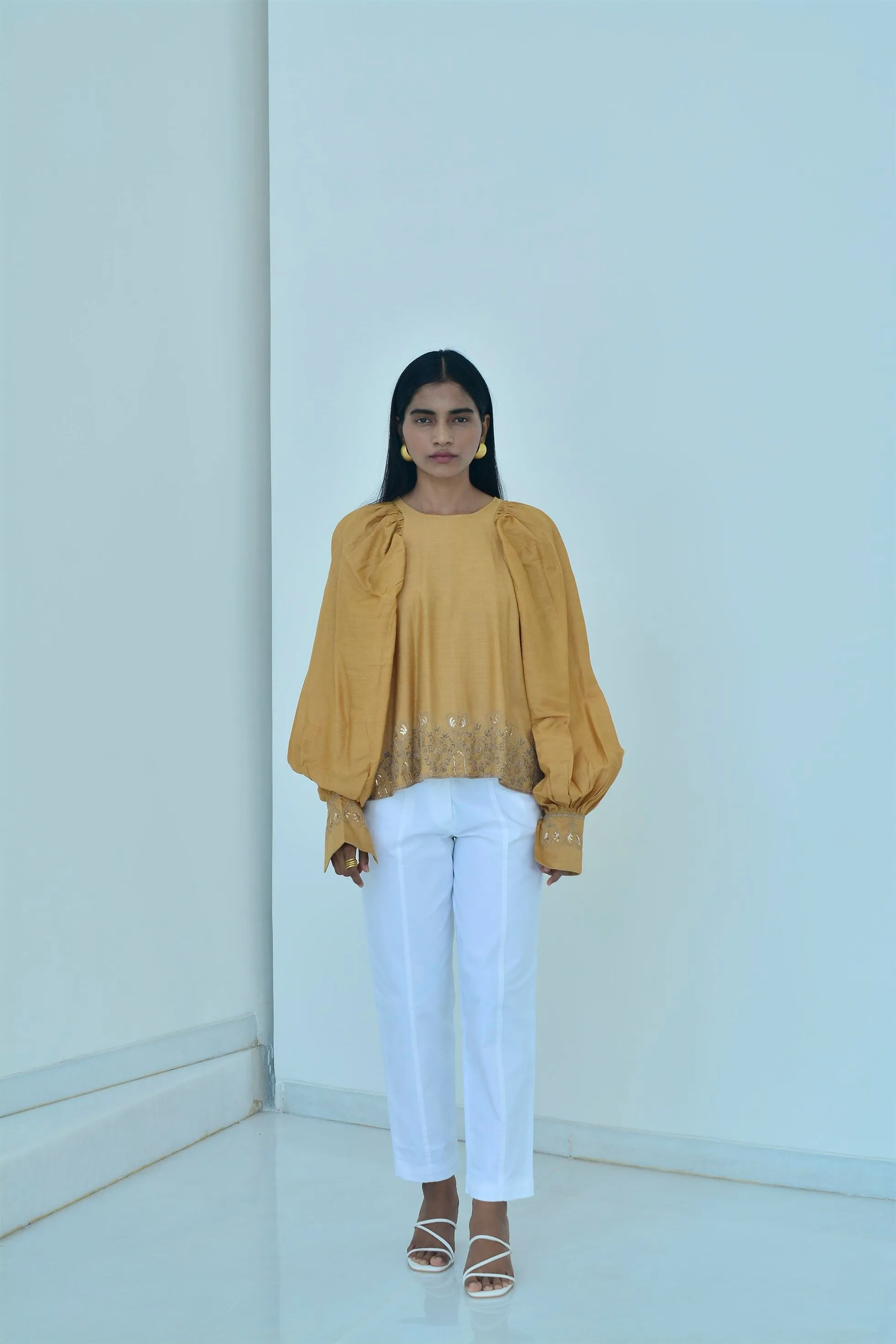 New Season Summer to Fall 2024-Top Embroidered Cuffs Silk Amber-AM/TS/050-Suzanne-Fashion Edit Hemji