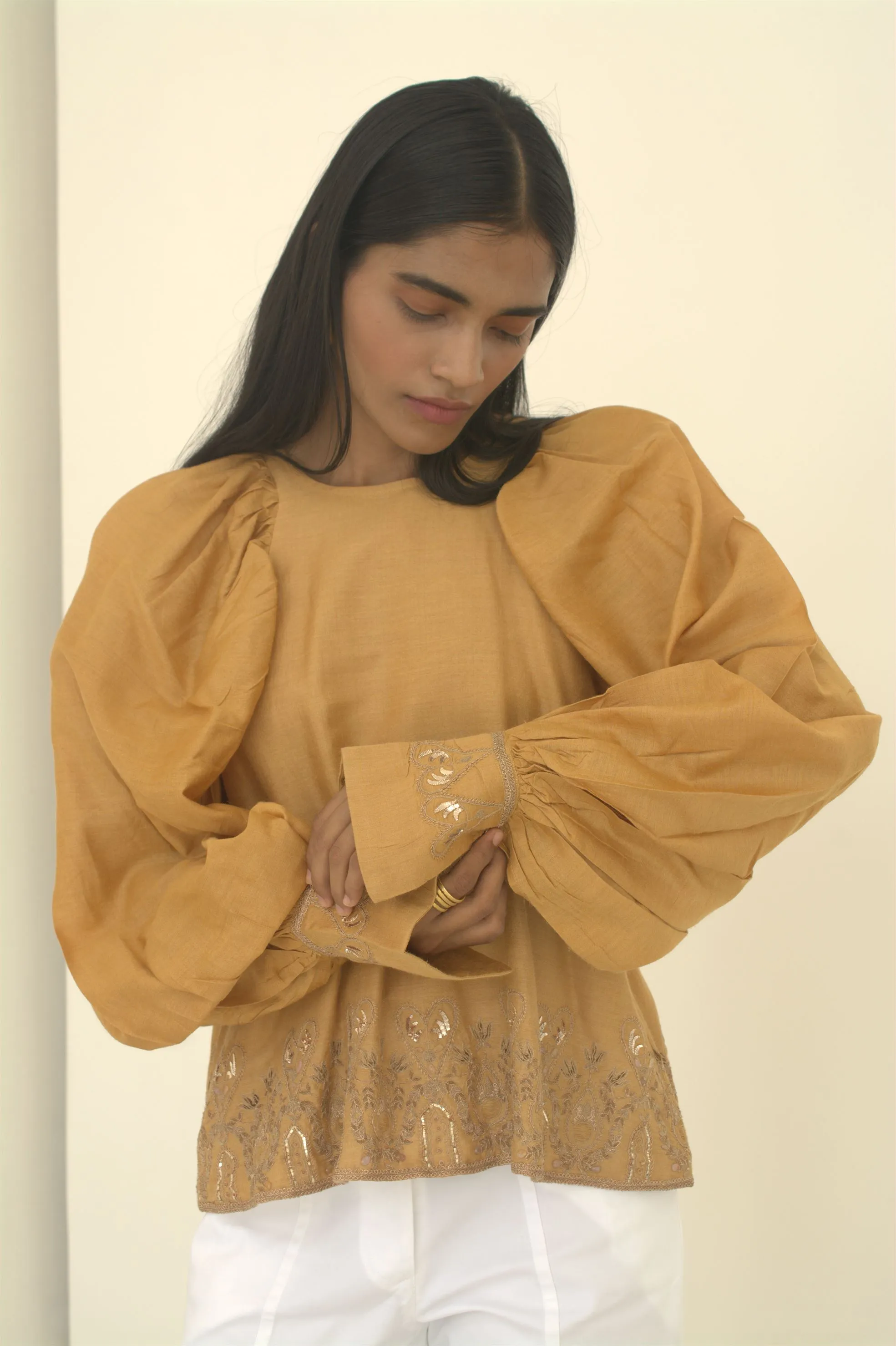 New Season Summer to Fall 2024-Top Embroidered Cuffs Silk Amber-AM/TS/050-Suzanne-Fashion Edit Hemji