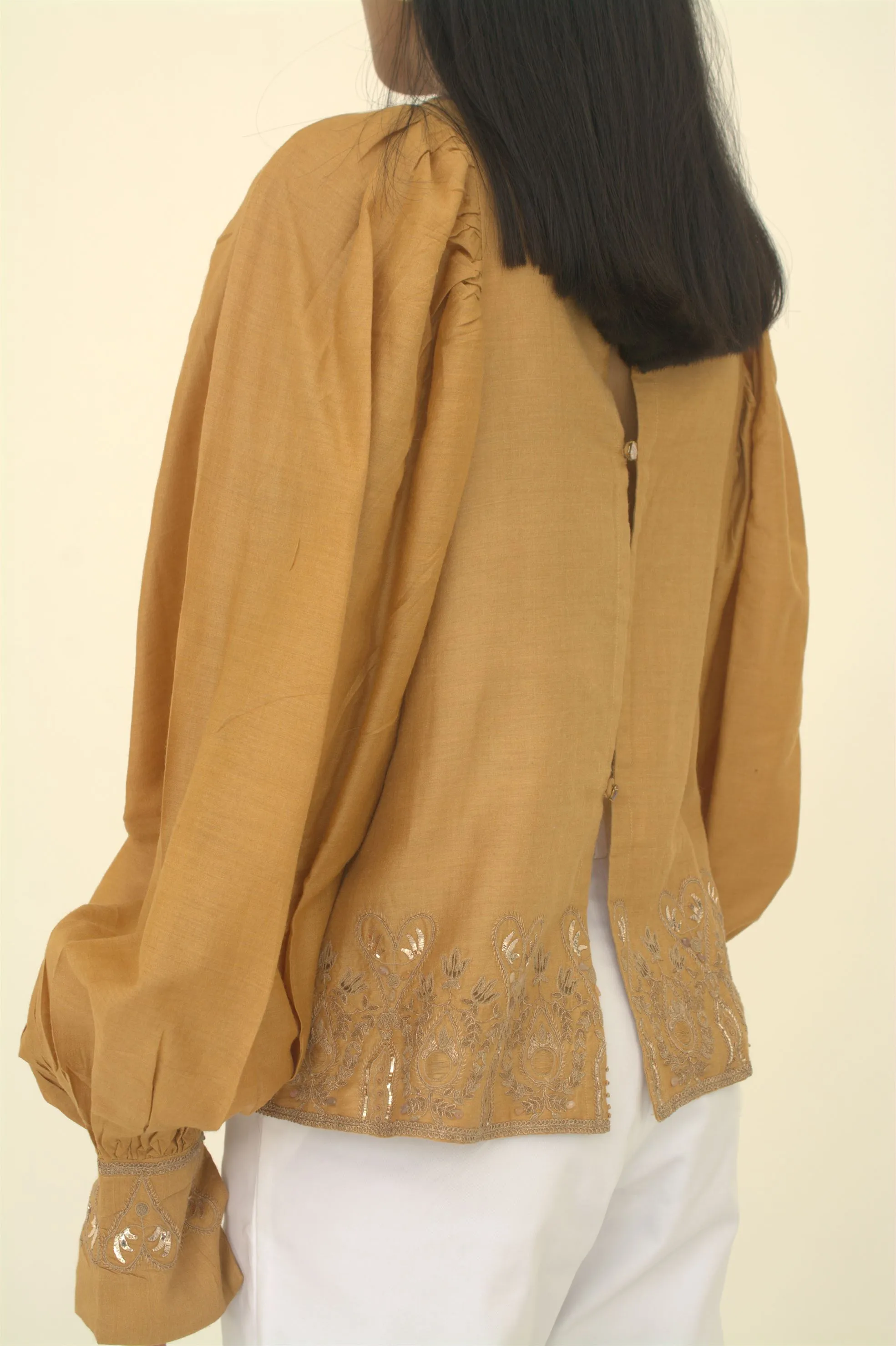 New Season Summer to Fall 2024-Top Embroidered Cuffs Silk Amber-AM/TS/050-Suzanne-Fashion Edit Hemji