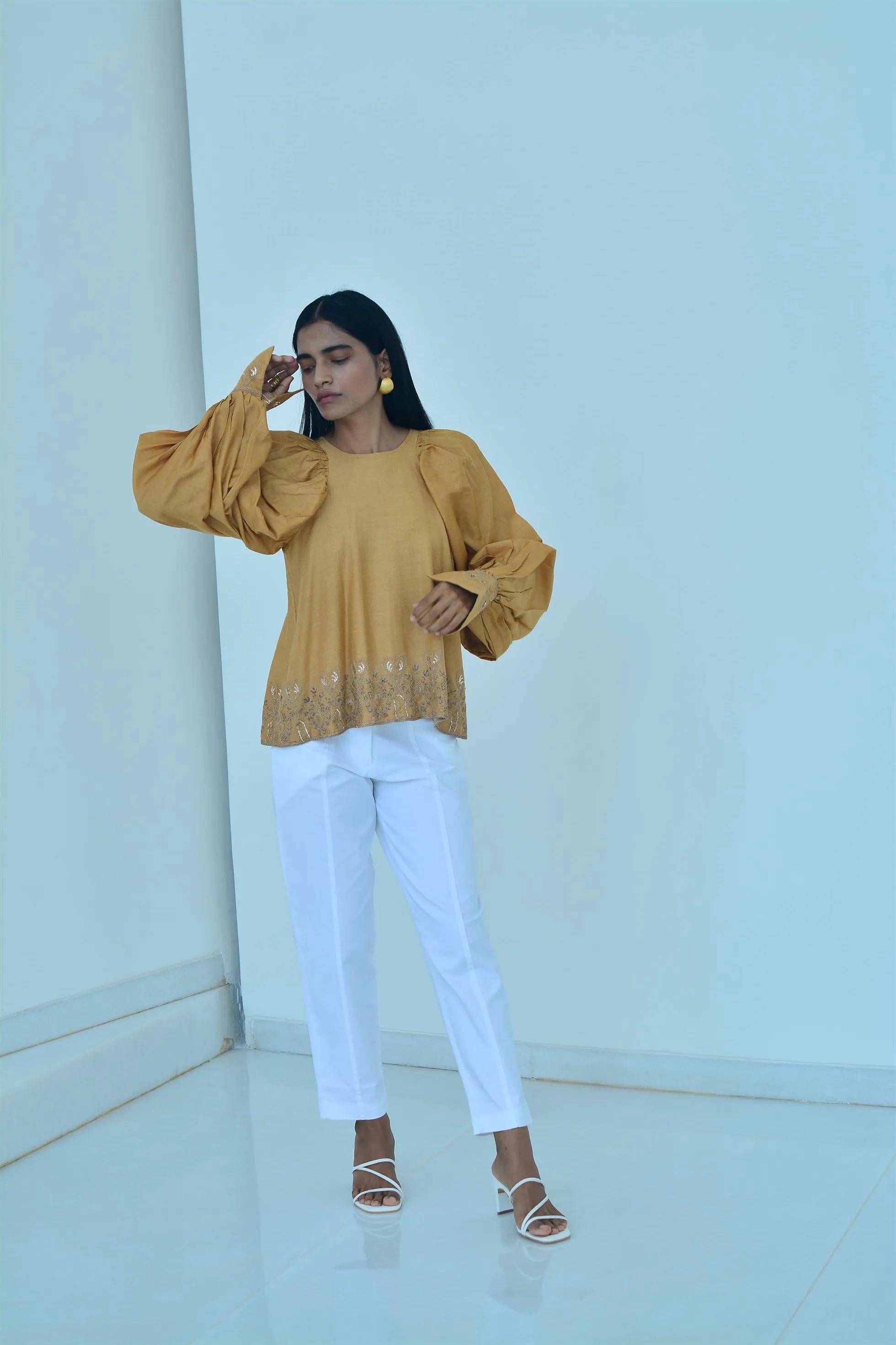 New Season Summer to Fall 2024-Top Embroidered Cuffs Silk Amber-AM/TS/050-Suzanne-Fashion Edit Hemji