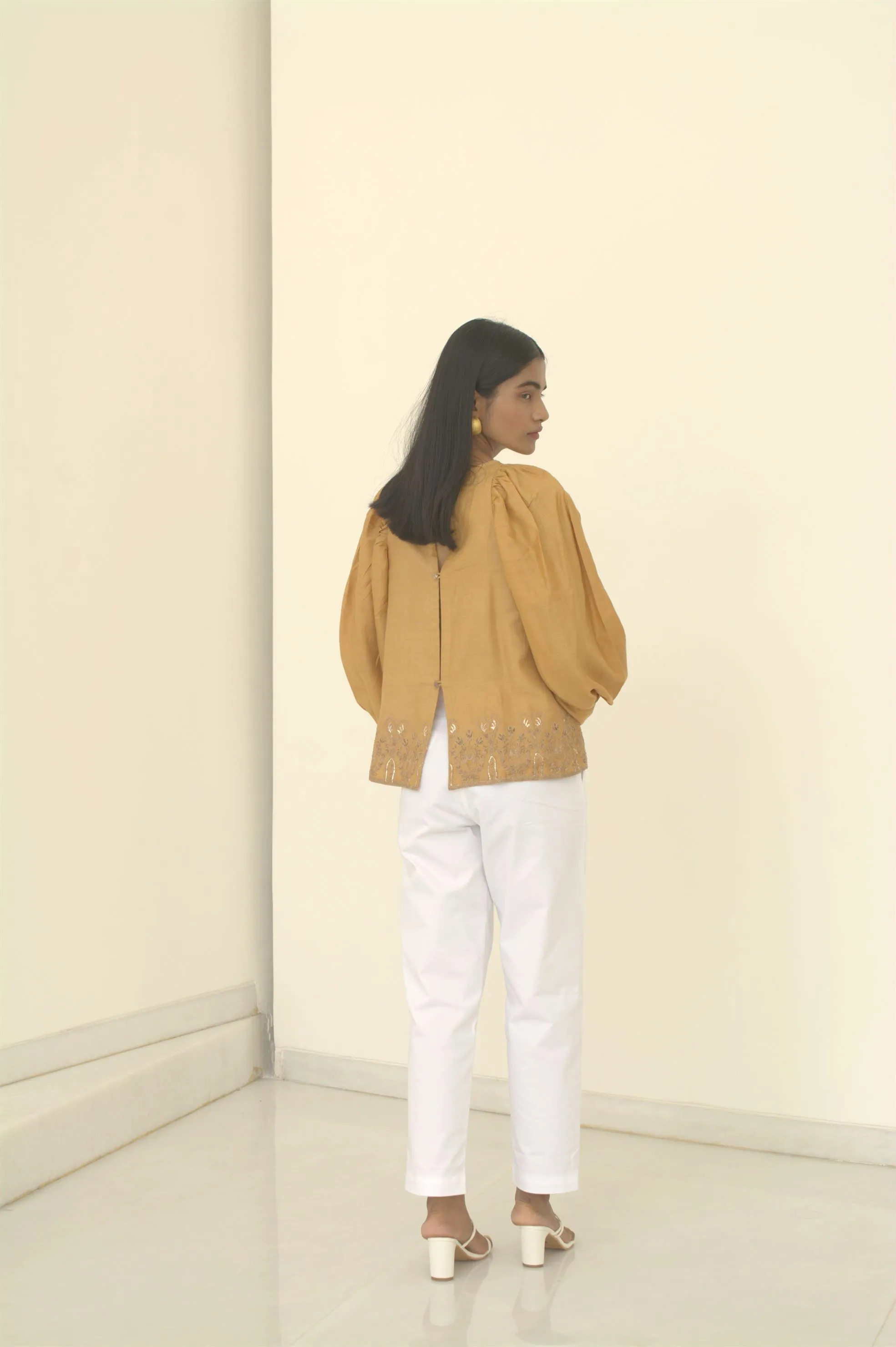 New Season Summer to Fall 2024-Top Embroidered Cuffs Silk Amber-AM/TS/050-Suzanne-Fashion Edit Hemji