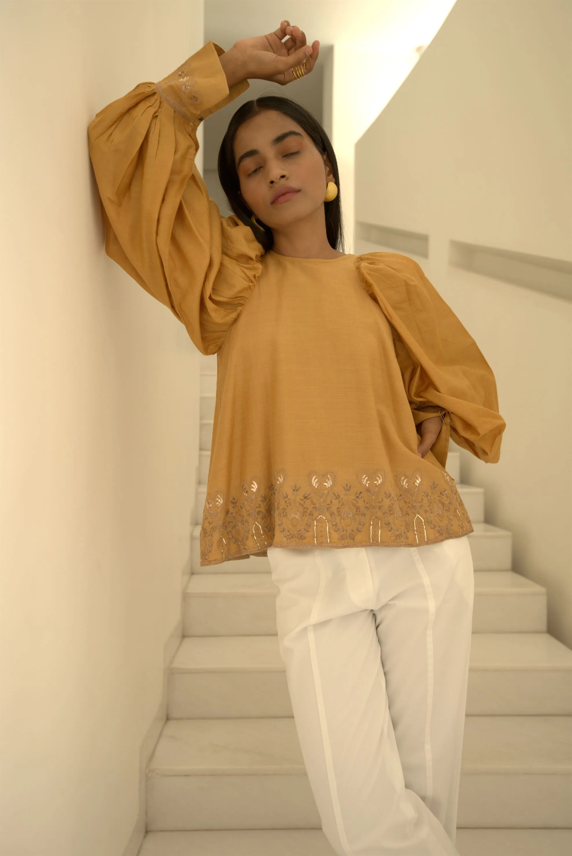 New Season Summer to Fall 2024-Top Embroidered Cuffs Silk Amber-AM/TS/050-Suzanne-Fashion Edit Hemji