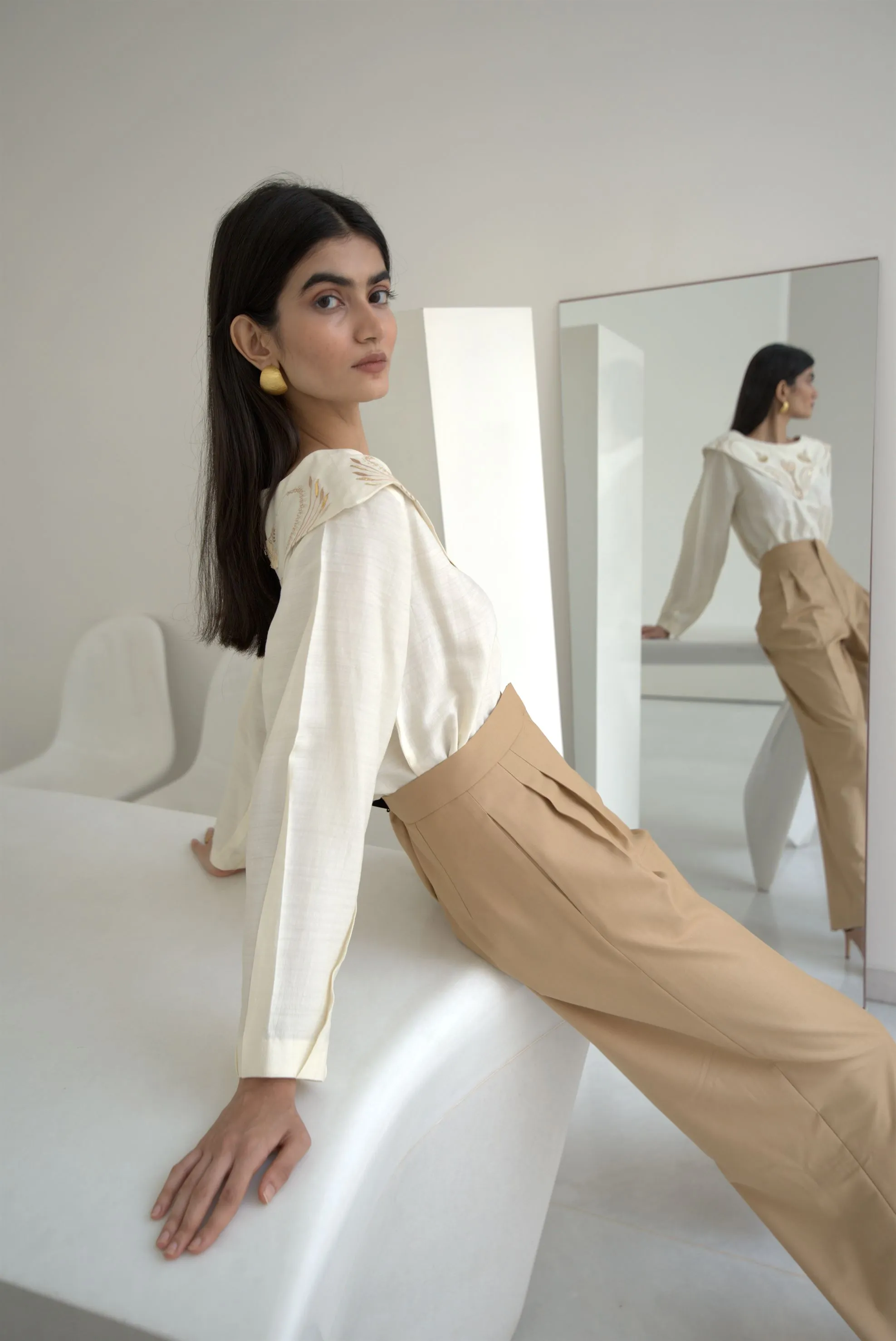 New Season Summer to Fall 2024-Top Embroidered Pleated Silk Off White-OW/TS/043-Suzanne-Fashion Edit Hemji