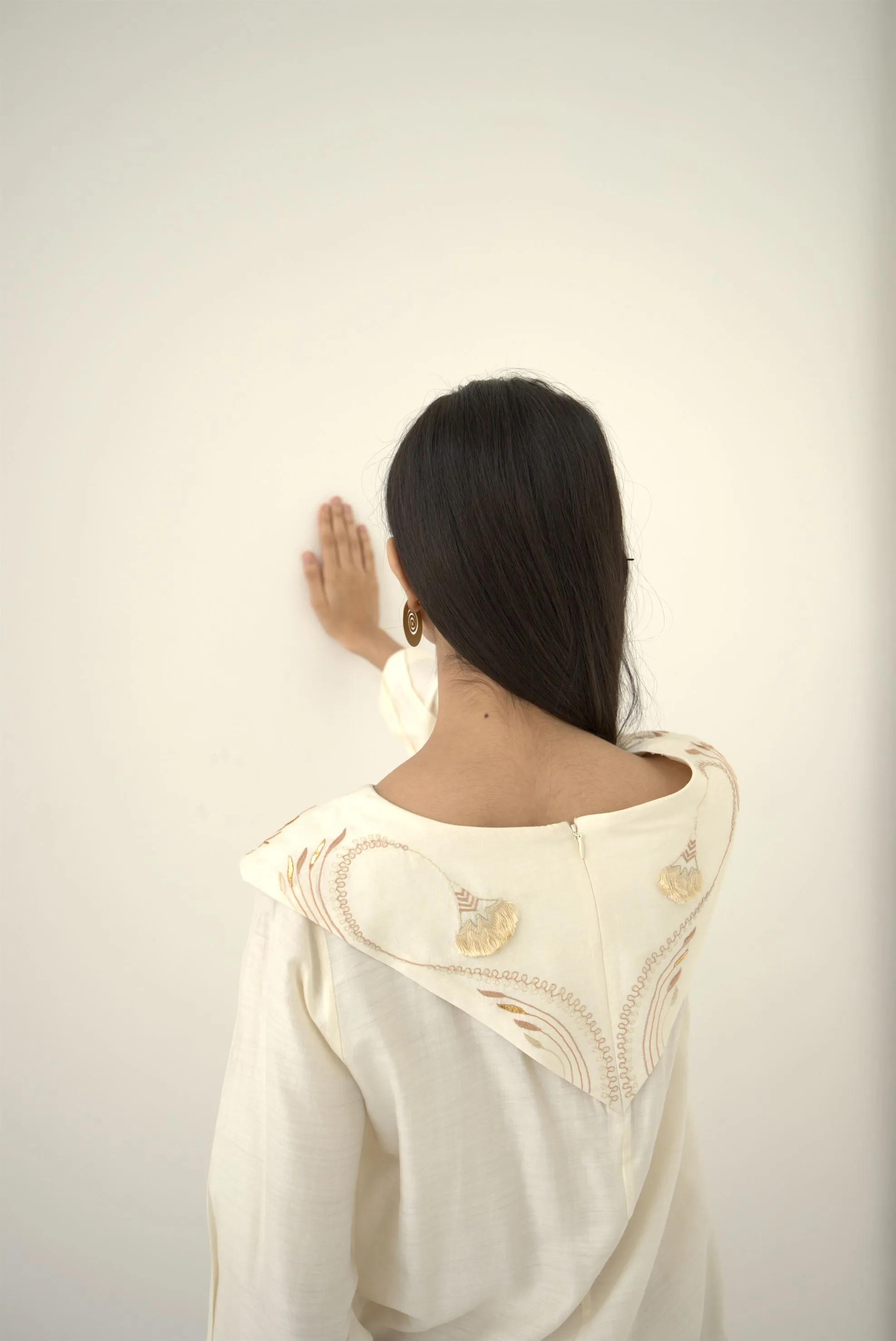 New Season Summer to Fall 2024-Top Embroidered Pleated Silk Off White-OW/TS/043-Suzanne-Fashion Edit Hemji