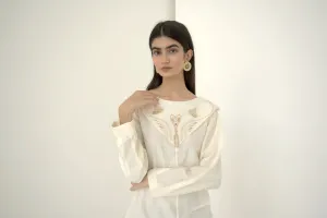 New Season Summer to Fall 2024-Top Embroidered Pleated Silk Off White-OW/TS/043-Suzanne-Fashion Edit Hemji