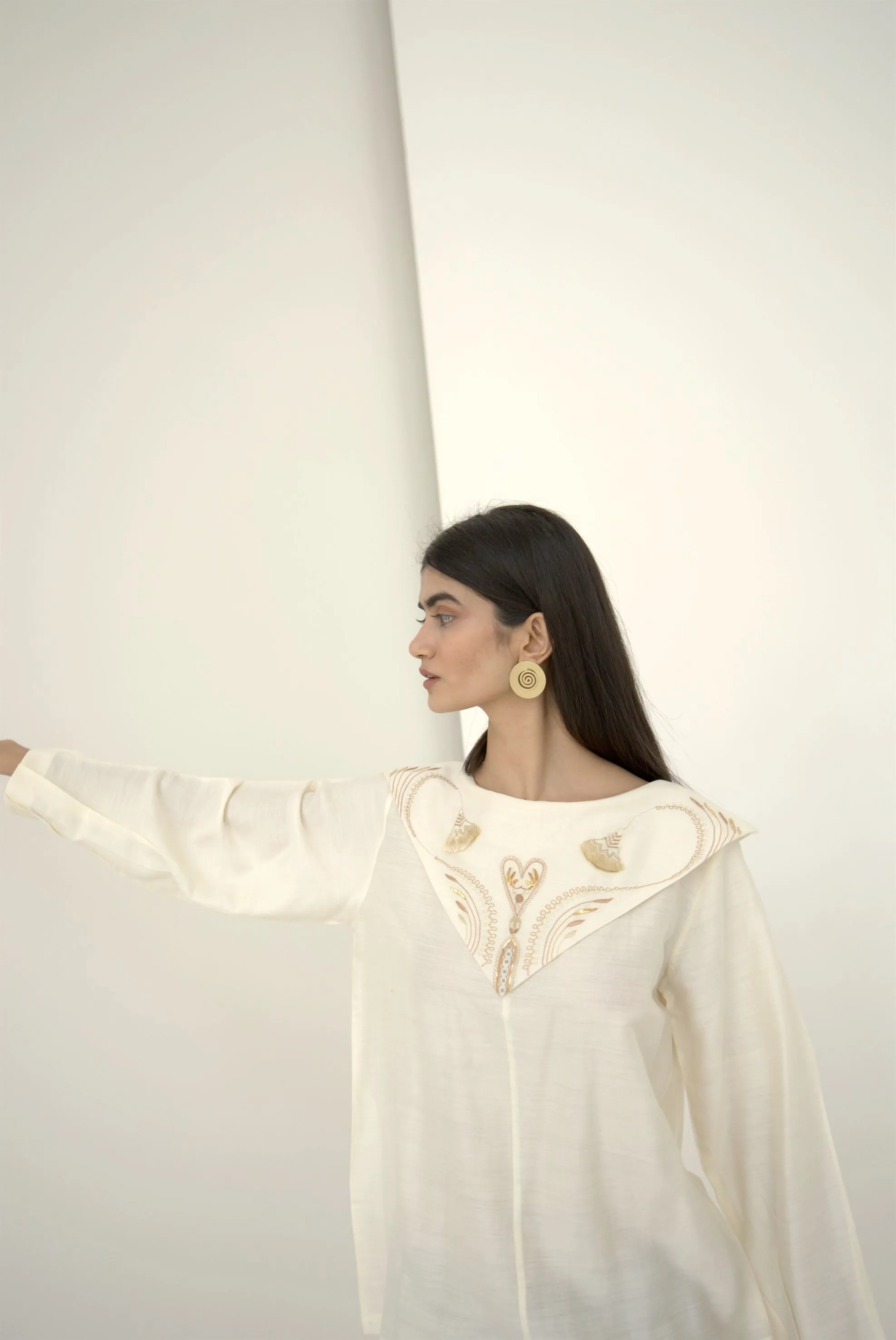 New Season Summer to Fall 2024-Top Embroidered Pleated Silk Off White-OW/TS/043-Suzanne-Fashion Edit Hemji