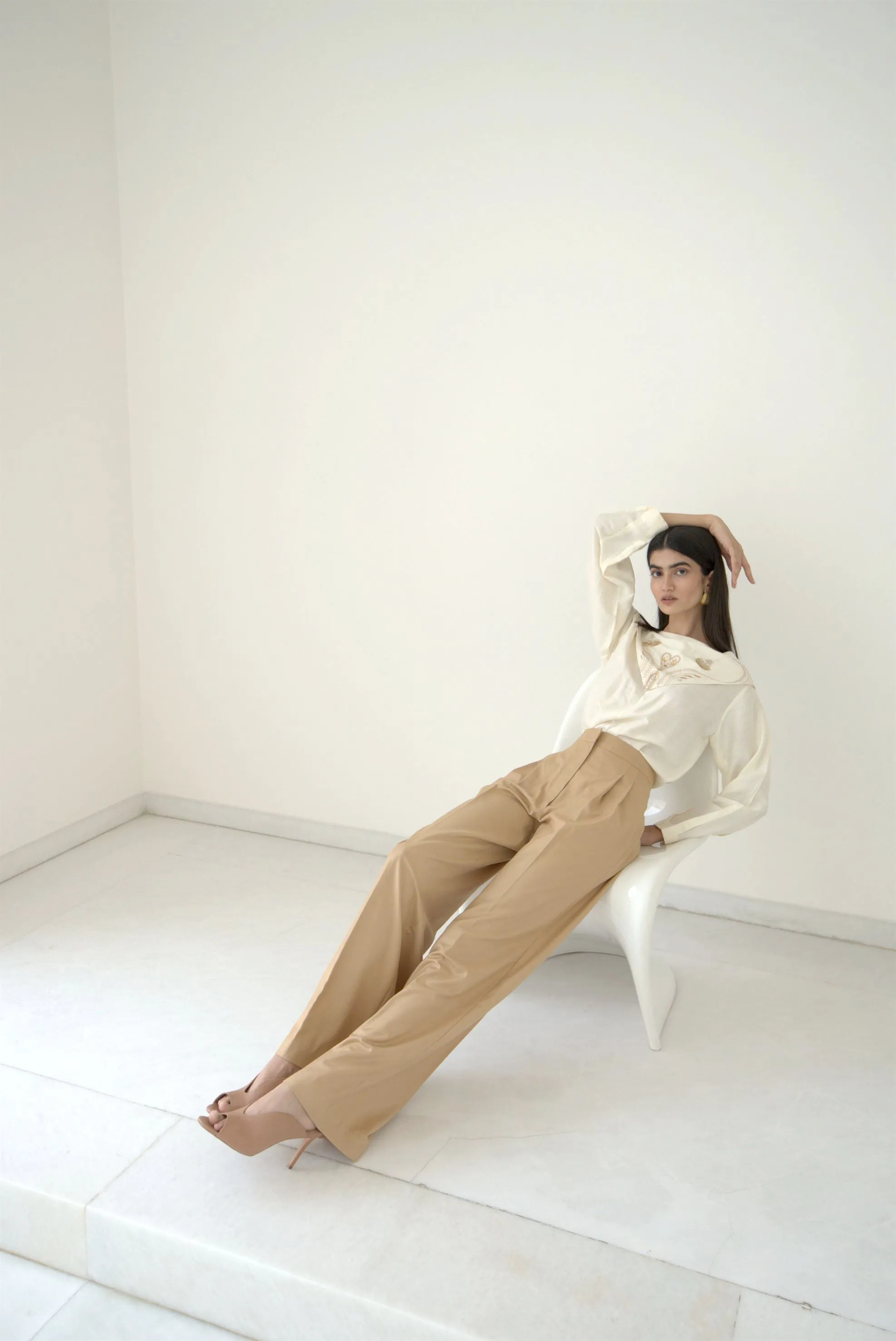 New Season Summer to Fall 2024-Top Embroidered Pleated Silk Off White-OW/TS/043-Suzanne-Fashion Edit Hemji