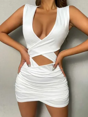 New Shein Cross Front Ruched Bodycon Dress, White, Sz XS! Fits true, great fit & fabric!