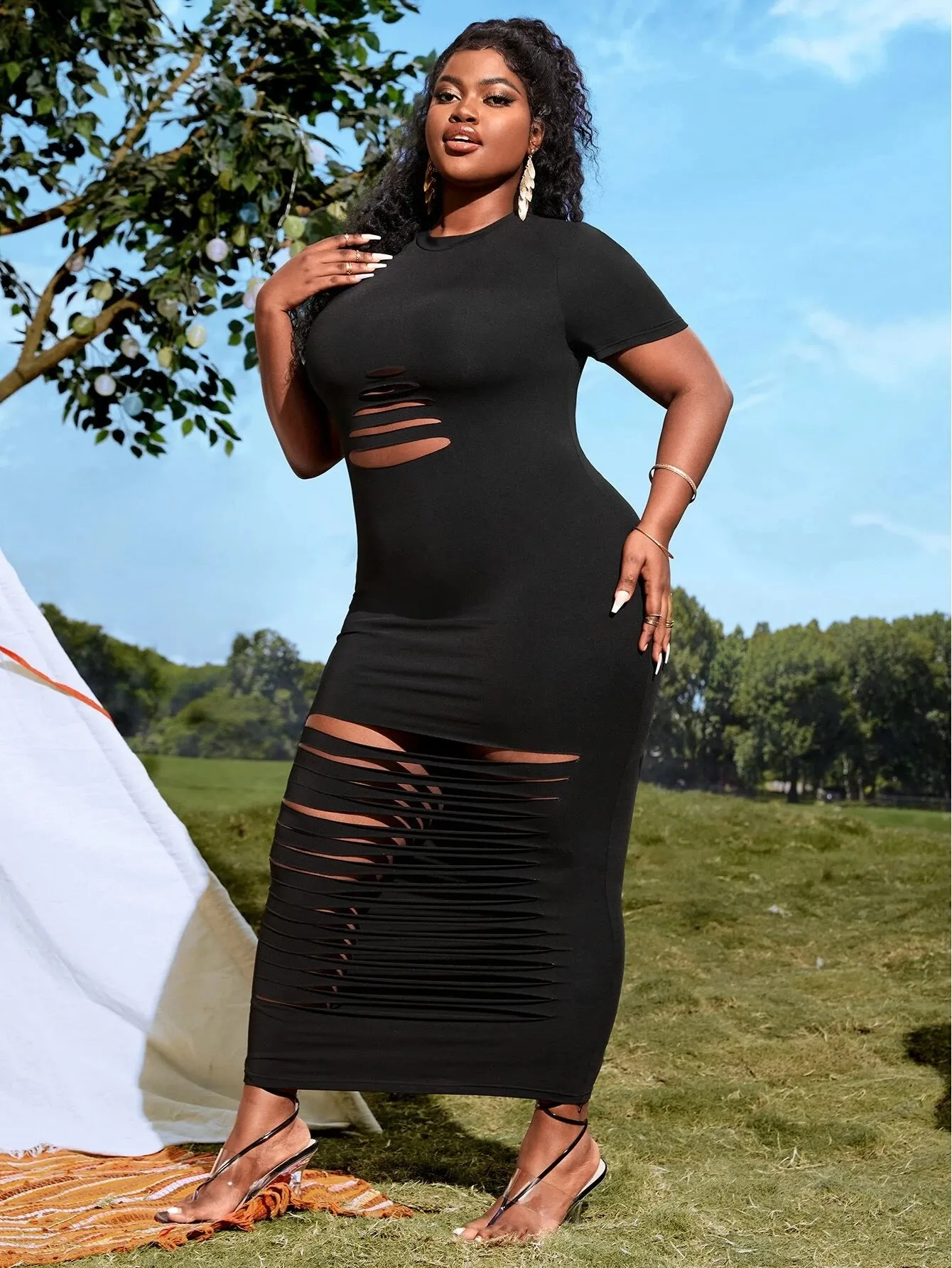 New SHEIN SXY Plus Solid Ladder Cut Out Dress, Black, Sz 1X! High Stretch comfortable fabric! Rated 4.42 out of 5 stars!