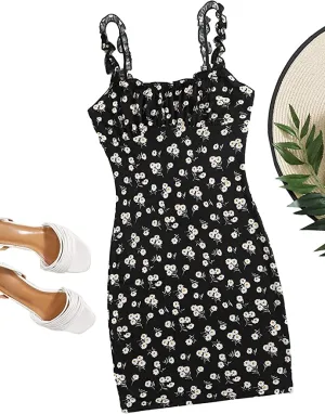 New SHEIN VCAY Frilled Strap Tie Front Ruched Bust Daisy Floral Dress, Sz S!