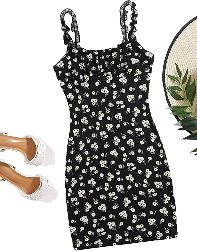 New SHEIN VCAY Frilled Strap Tie Front Ruched Bust Daisy Floral Dress, Sz S!