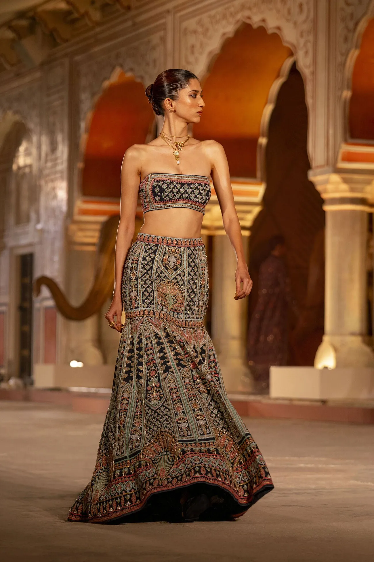 Nocturnal Melody Silk Zari Skirt Set - Blue
