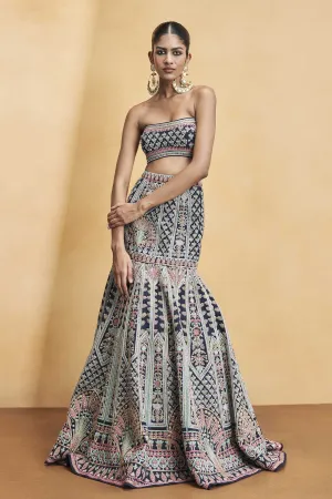 Nocturnal Melody Silk Zari Skirt Set - Blue