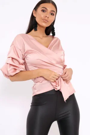 Nude Satin Ruffle Sleeve Wrapover Top - Susie