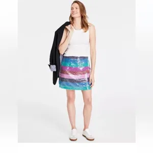 NWT On 34th Women's Mid-Rise Boardwalk-Stripe Sequined Mini Skirt size 16