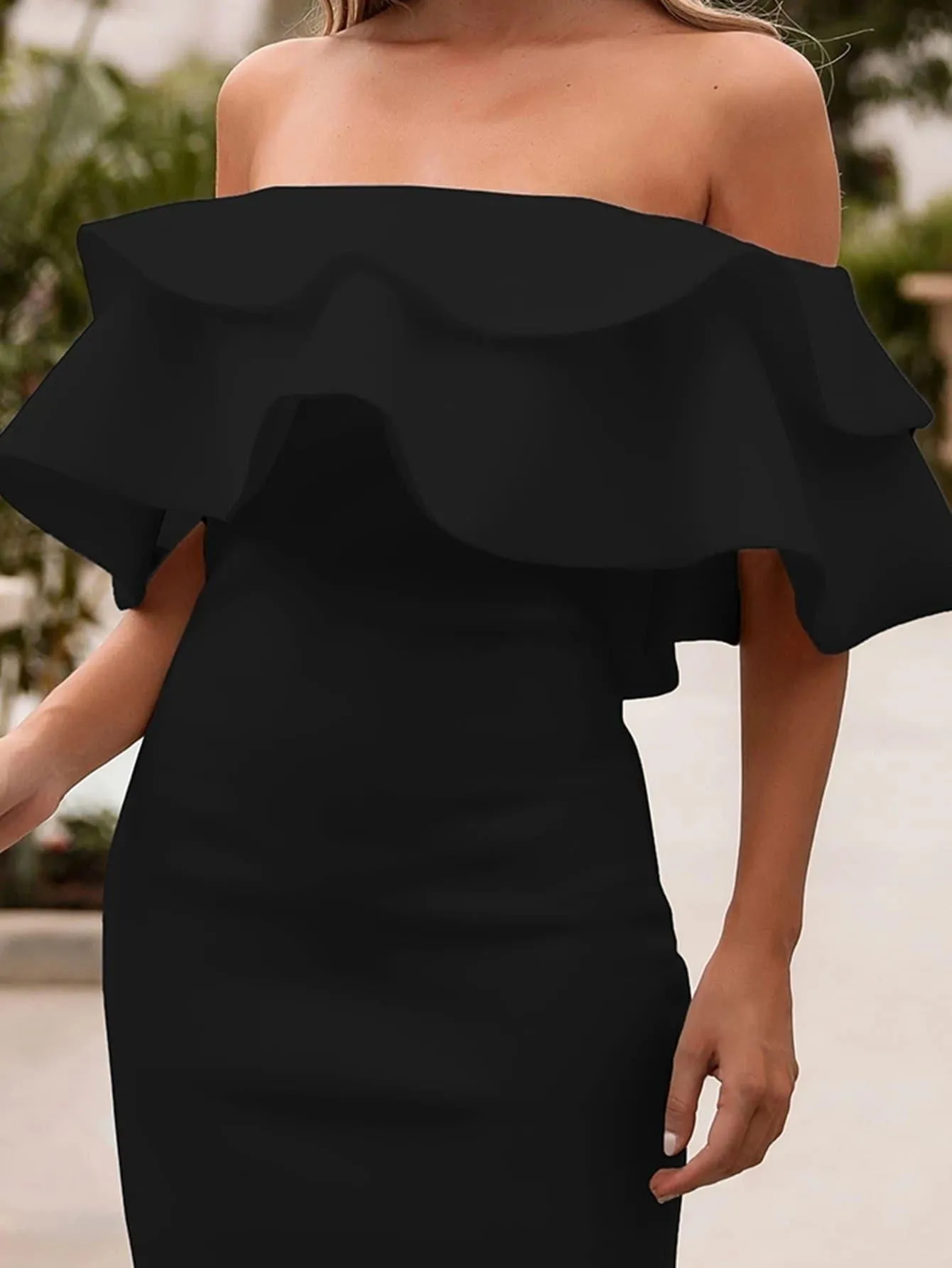 Off Shoulder Exaggerated Ruffle Trim Dress FT9076
