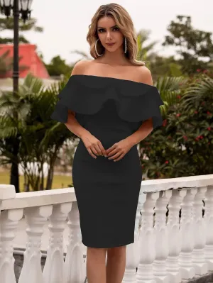 Off Shoulder Exaggerated Ruffle Trim Dress FT9076